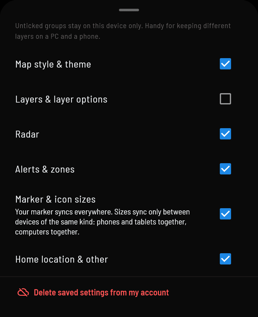 Settings Sync options: map style, layers, radar, alerts, marker sizes and home location