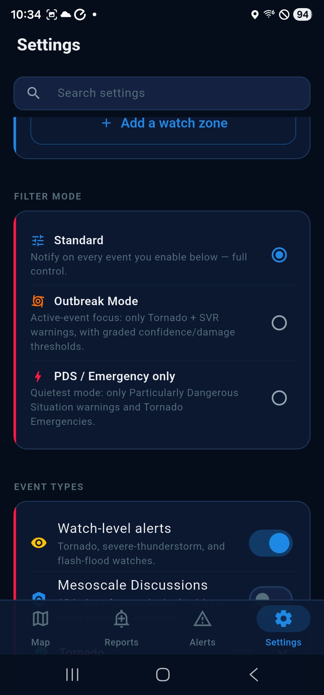 Filter mode picker, Standard, Outbreak, PDS / Emergency only