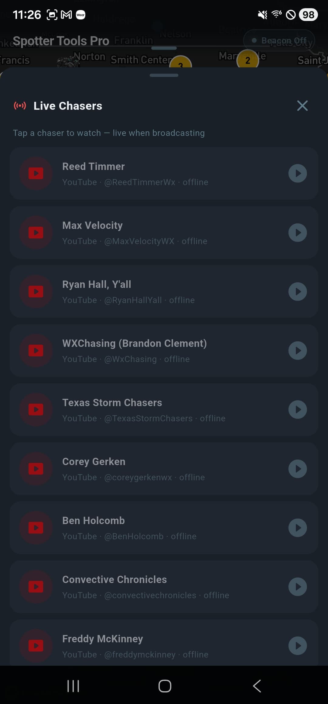 Live Storm Chasers panel with named chasers
