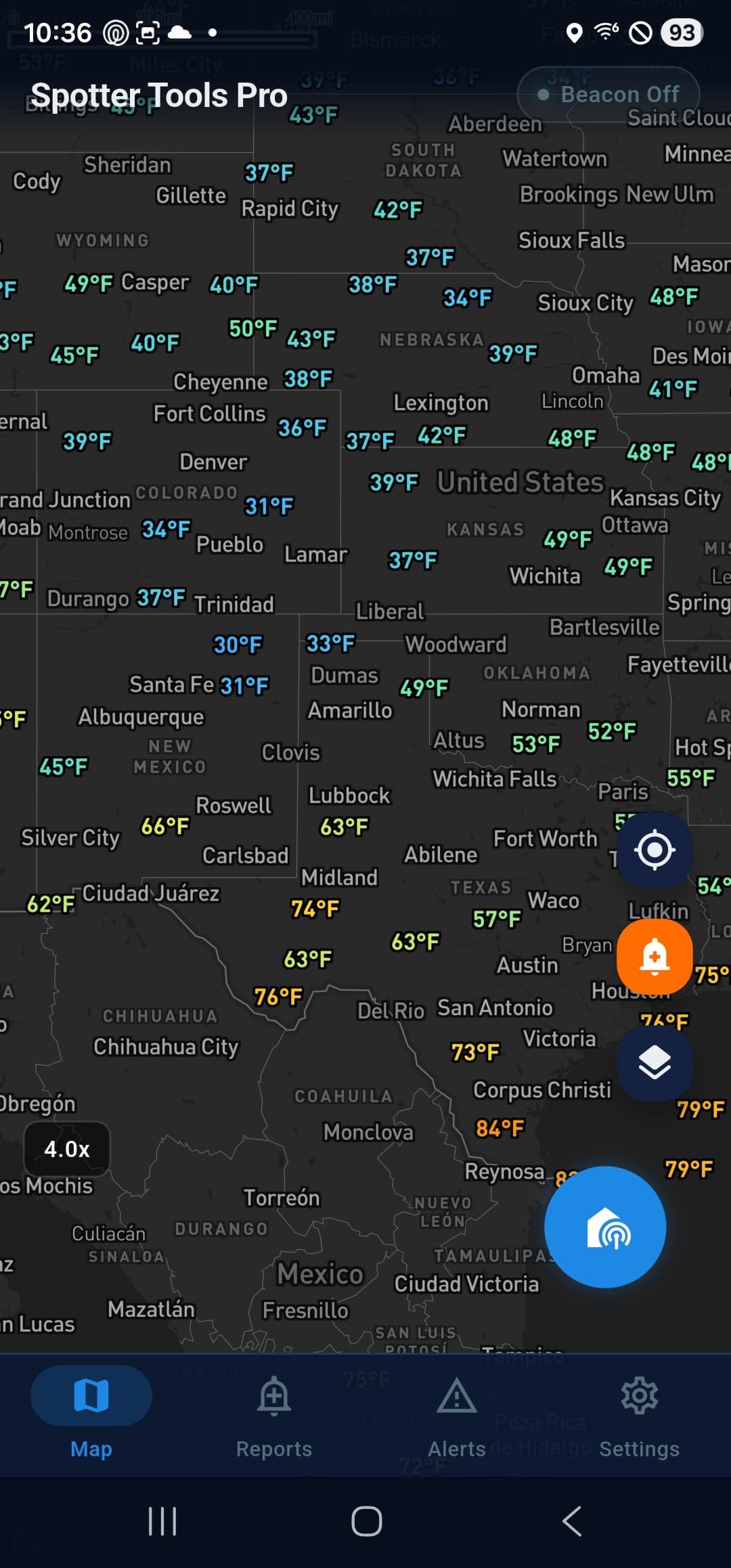 METARs temperature plot across the US
