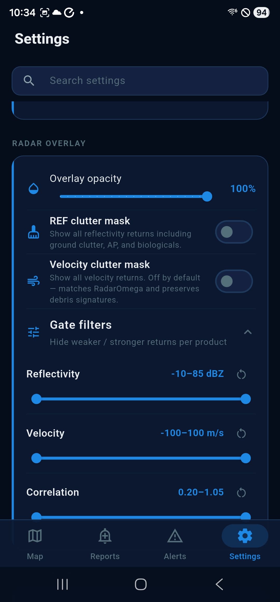 Radar overlay settings, opacity, clutter masks, gate filters