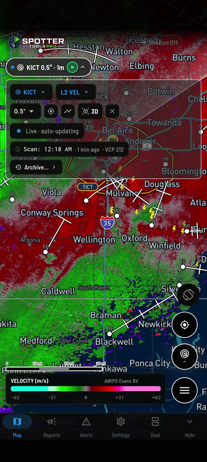 Level 2 velocity with a tornadic couplet and the scan time readout