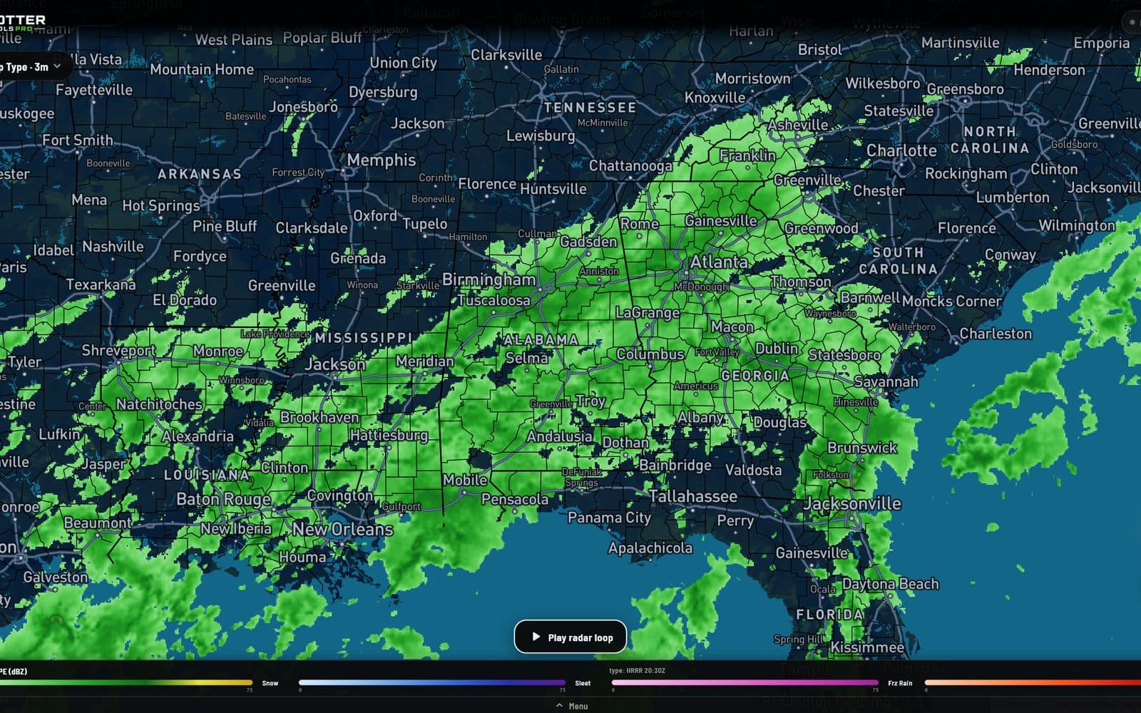 The national radar over the Southeast coloured by precipitation type, with the rain, snow, sleet and freezing rain legend